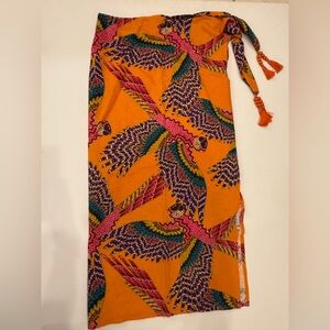 FARM Rio Orange skirt with Colorful Print Birds and decorative tassels